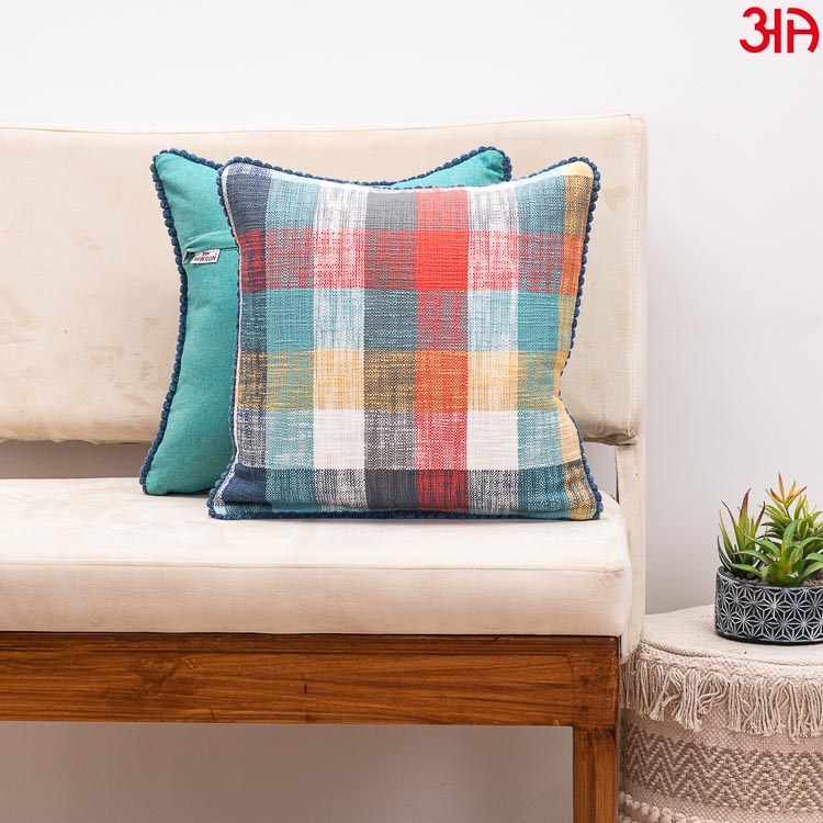 blue green check cotton cushion2