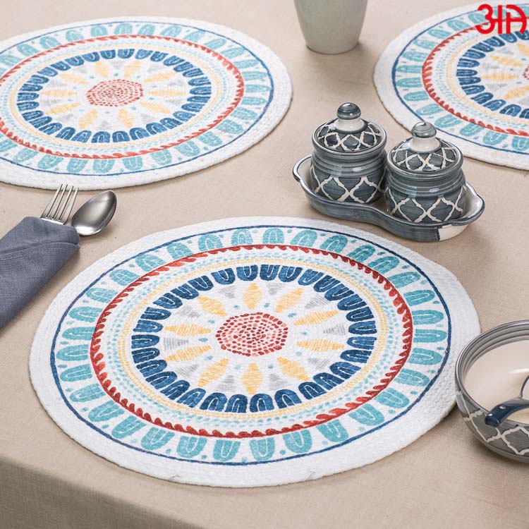 round white blue decorated table mats