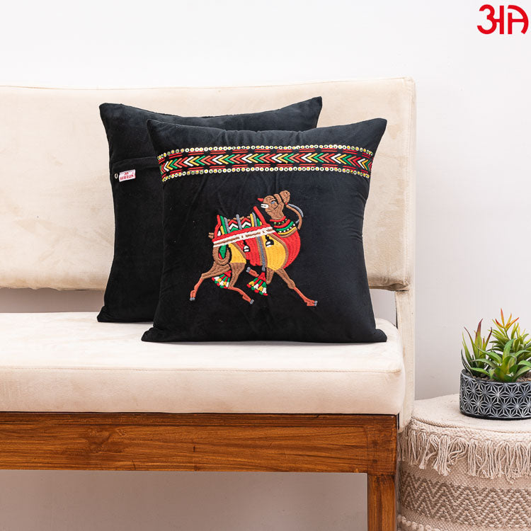 Camel Embroidered Velvet Cushion Black2