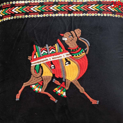 Camel Embroidered Velvet Cushion Black3