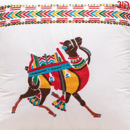 Camel Embroidered Velvet Cushion White3