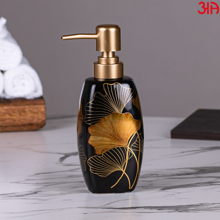 black golden leaf ceramic soap dispenser2