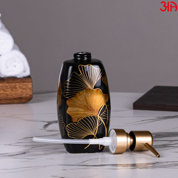 black golden leaf ceramic soap dispenser