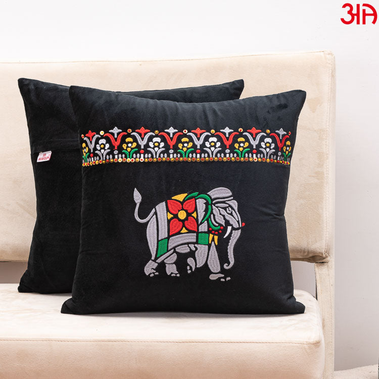 elephant embroidery cushion black