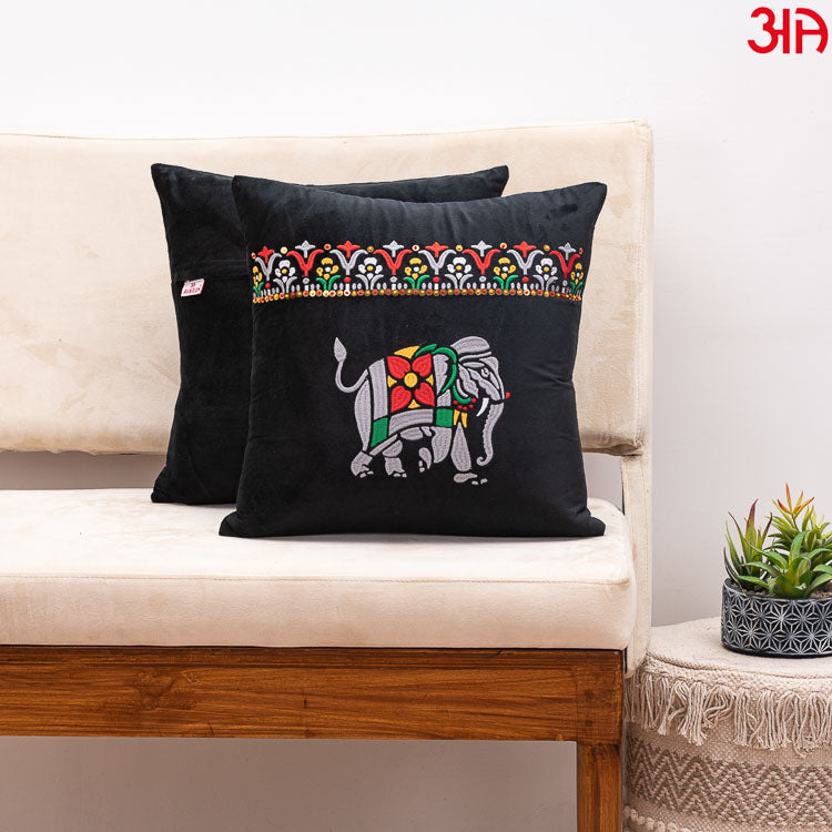 elephant embroidery cushion black2