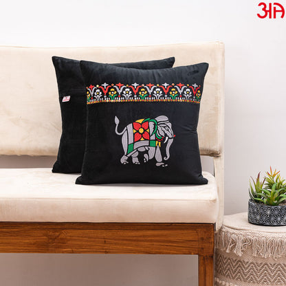 elephant embroidery cushion black2