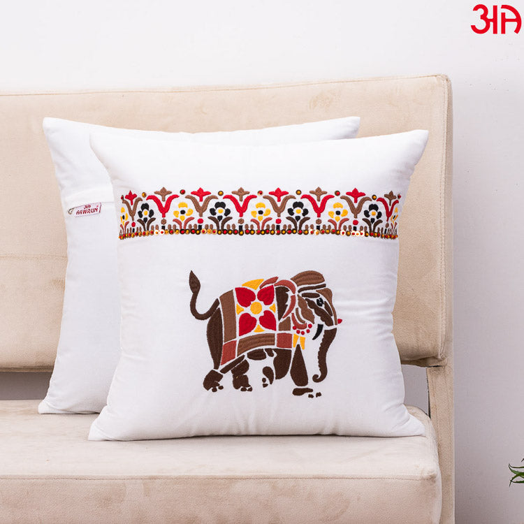 elephant embroidery cushion white