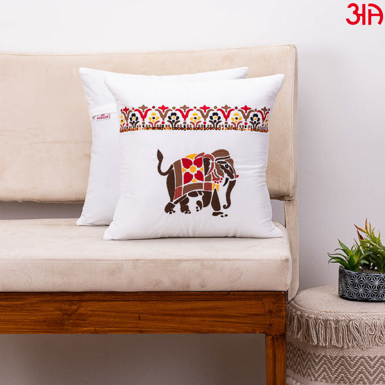 elephant embroidery cushion white2