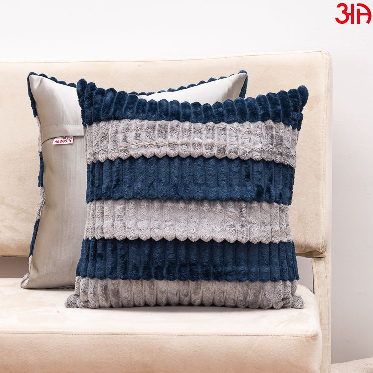 grey navy Fur Stripe Cushion Covers