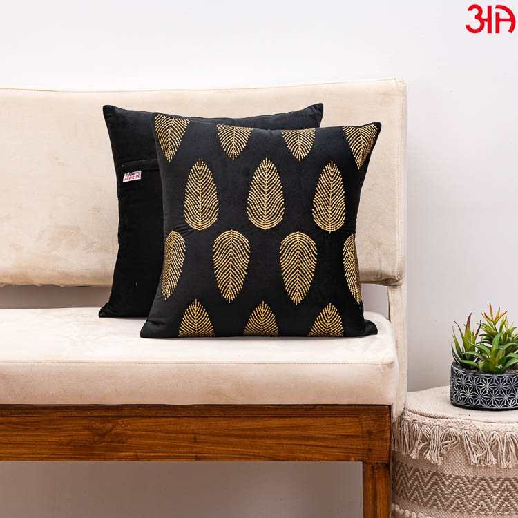 Black Gold Embroidered Leaf Cushion Cover2