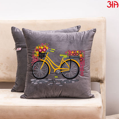 Grey Bicycle Embroidery Velvet Cushion