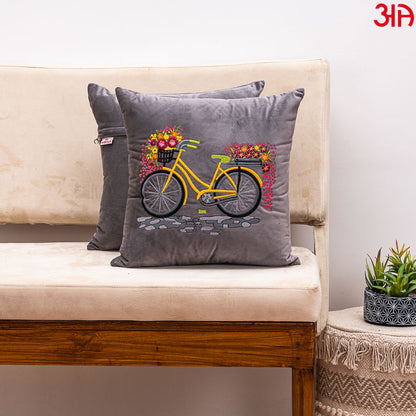 Grey Bicycle Embroidery Velvet Cushion2