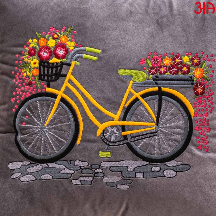 Grey Bicycle Embroidery Velvet Cushion3