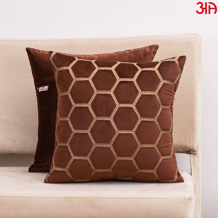 hexagon zari embossed cushion brown