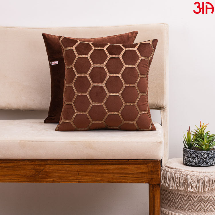 hexagon zari embossed cushion brown2