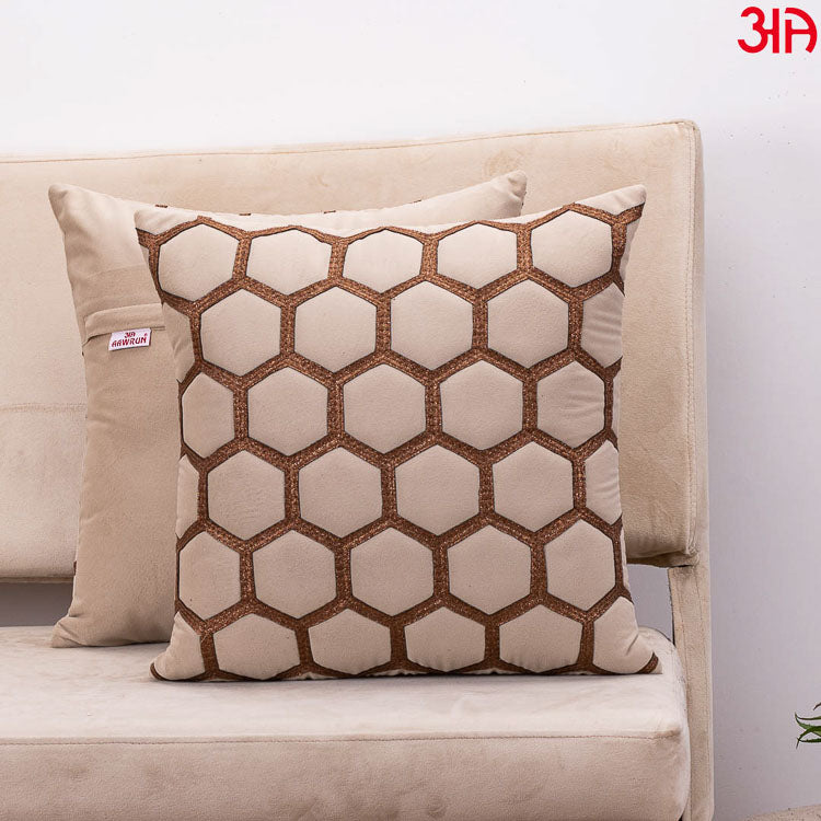 hexagon zari embossed cushion peanut