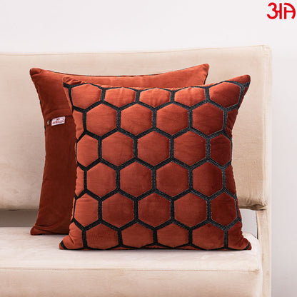hexagon zari embossed cushion rust