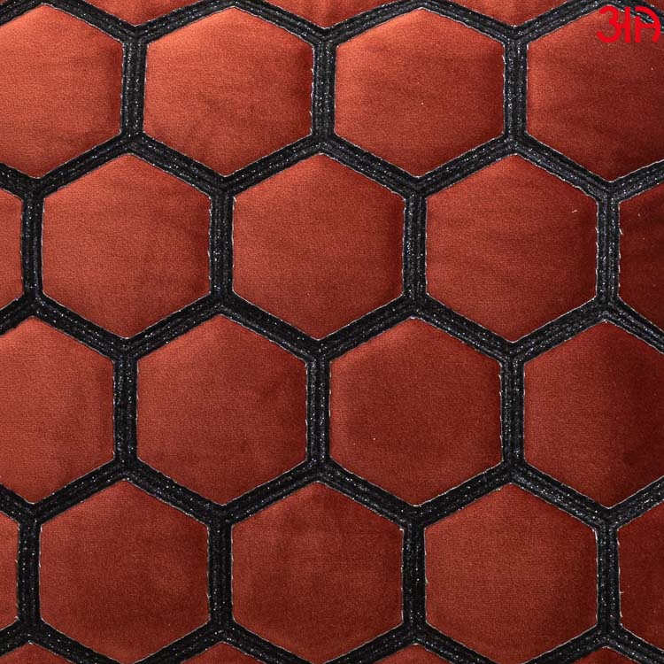 hexagon zari embossed cushion rust3