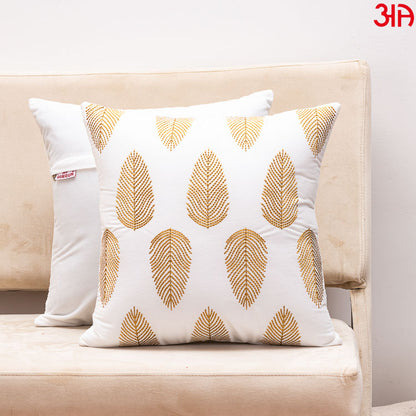 White Gold Embroidered Leaf Cushion Cover