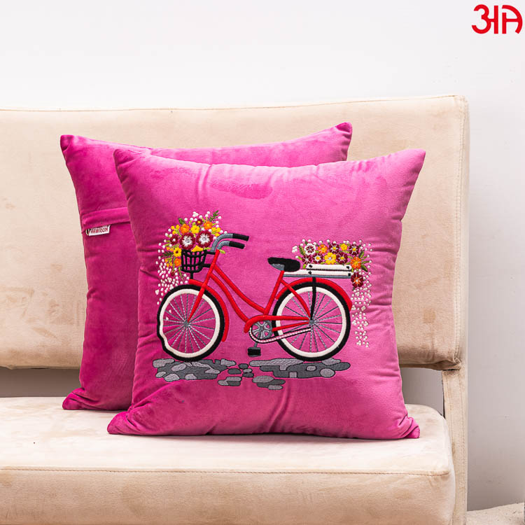 Pink Bicycle Embroidery Velvet Cushion
