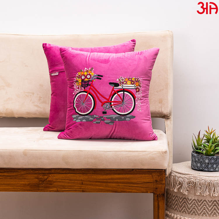 Pink Bicycle Embroidery Velvet Cushion2
