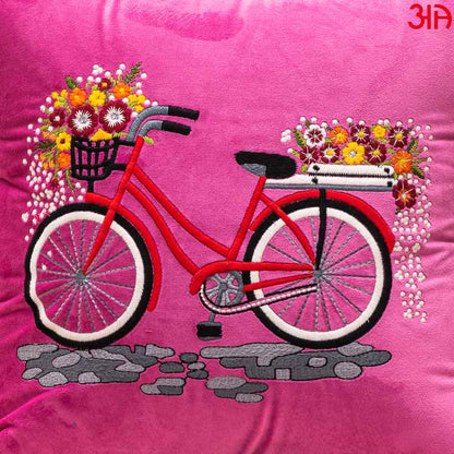 Pink Bicycle Embroidery Velvet Cushion3