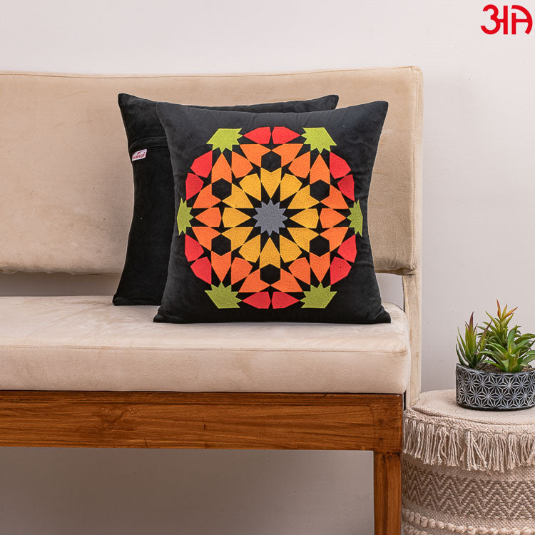 Rangoli Embroidered Cushion Cover Black2