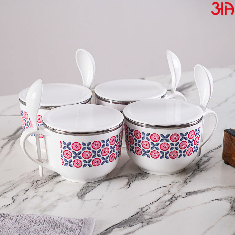 Four Soup Bowls with Caps and Spoon Set