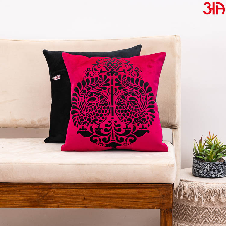 pink peacock abstract velvet cushion cover2