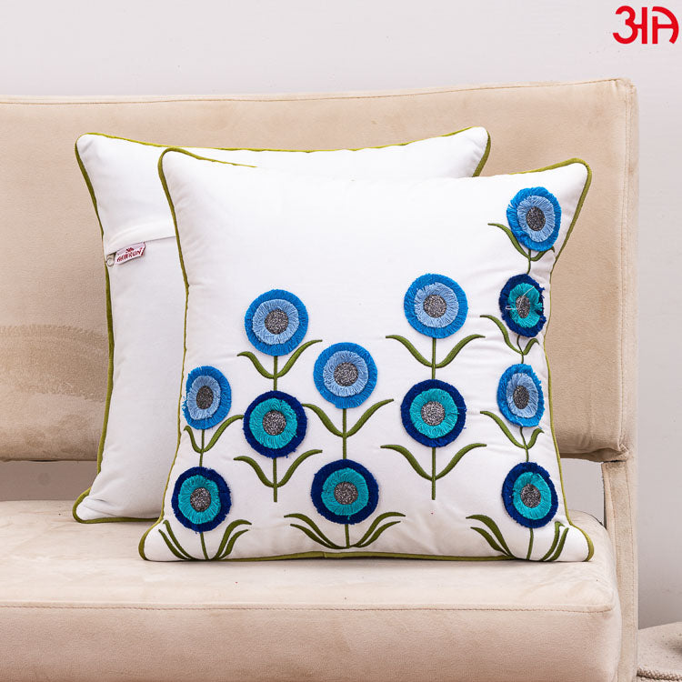 Floral Embroidered Cushion Cover White Blue
