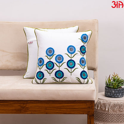 Floral Embroidered Cushion Cover White Blue2