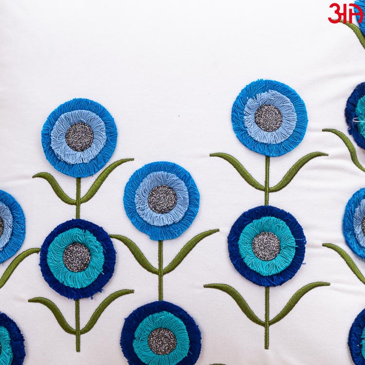 Floral Embroidered Cushion Cover White Blue3