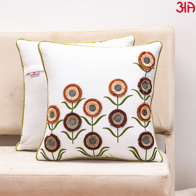 Floral Embroidered Cushion Cover White brown