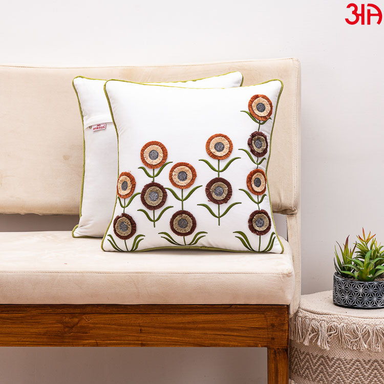 Floral Embroidered Cushion Cover White brown2