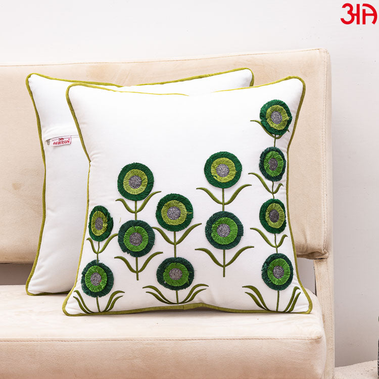 Floral Embroidered Cushion Cover White Green