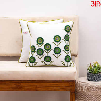 Floral Embroidered Cushion Cover White Green1