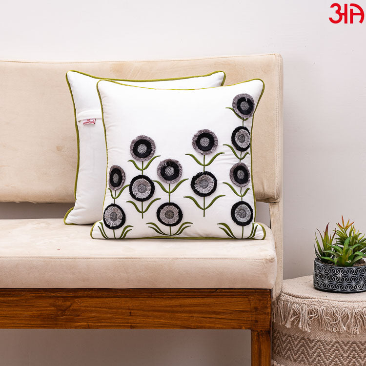 Floral Embroidered Cushion Cover White grey
