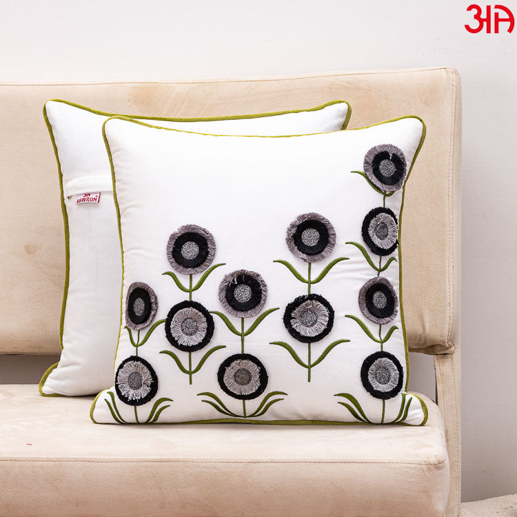Floral Embroidered Cushion Cover White grey2