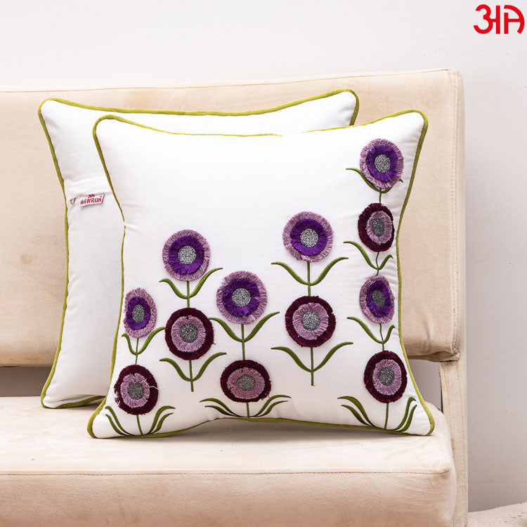 Floral Embroidered Cushion Cover White Purple