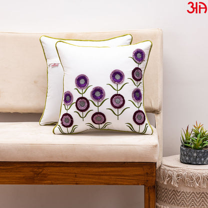 Floral Embroidered Cushion Cover White Purple1