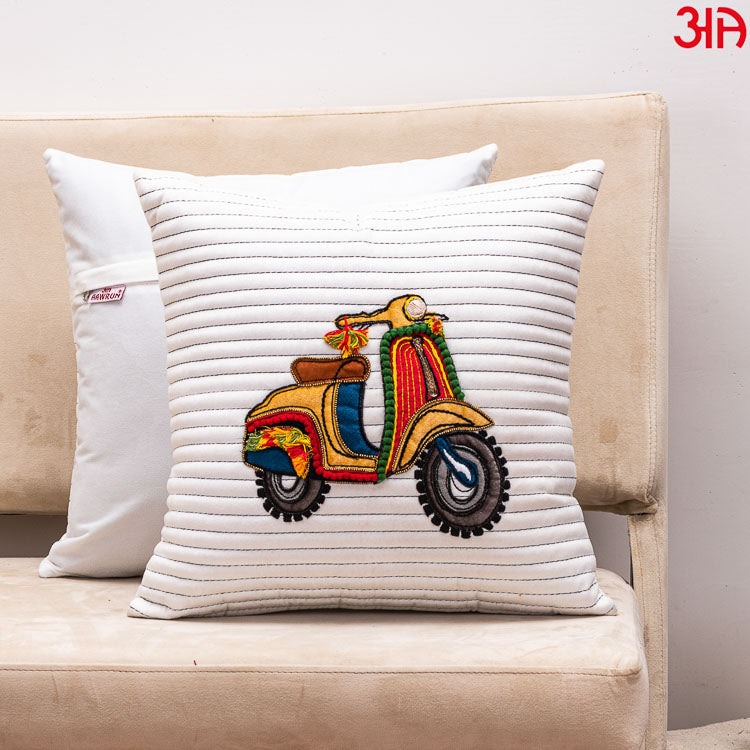 white scooter embroidery cushion