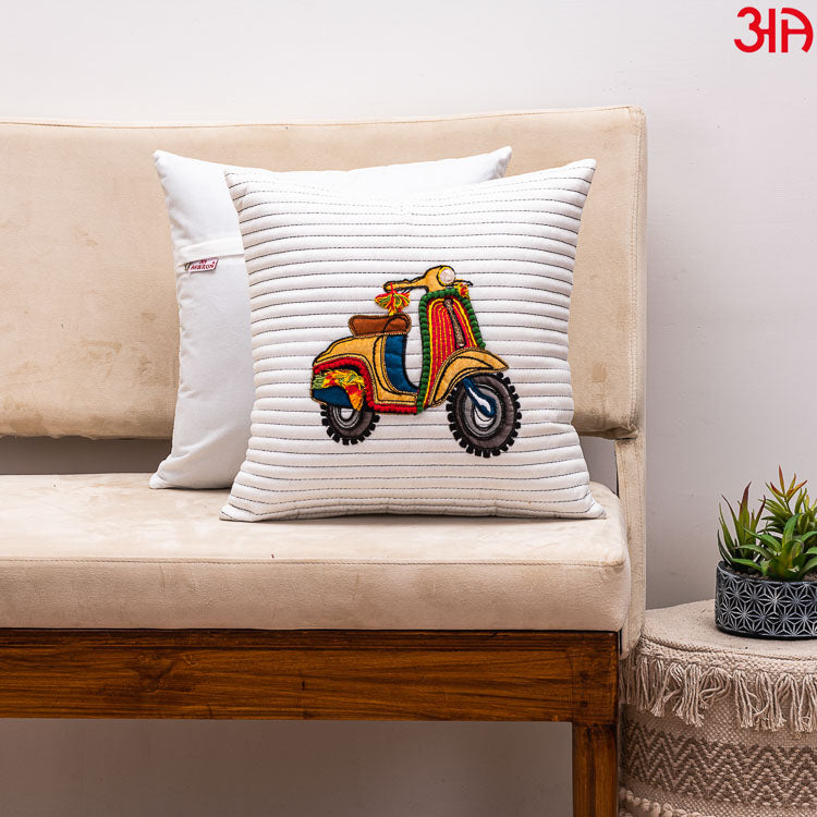white scooter embroidery cushion2
