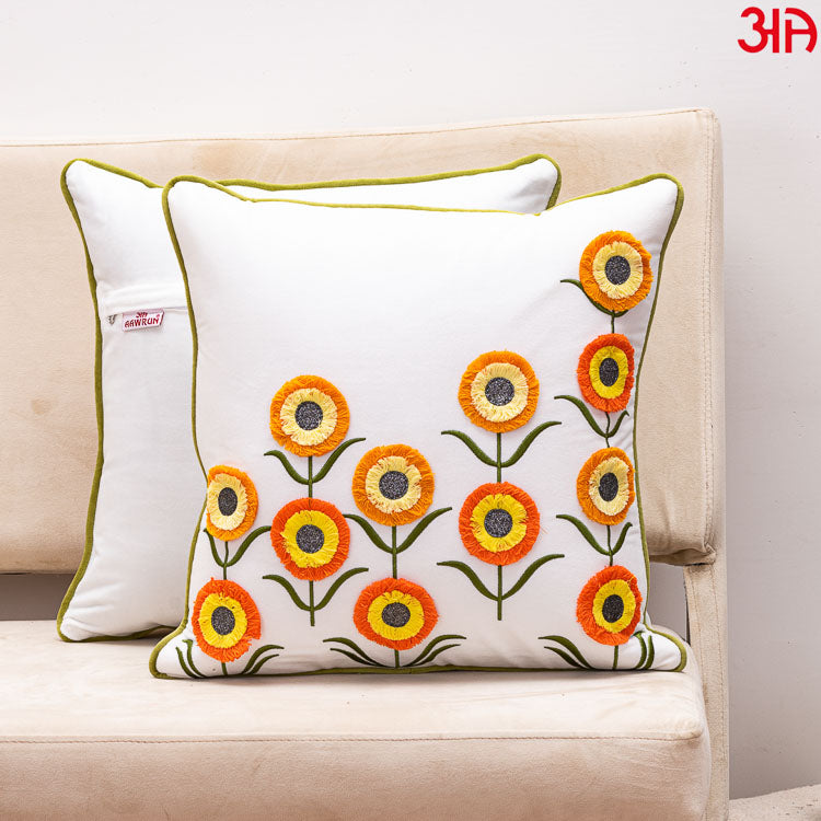 Floral Embroidered Cushion Cover White Yellow