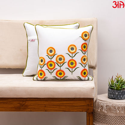 Floral Embroidered Cushion Cover White Yellow2