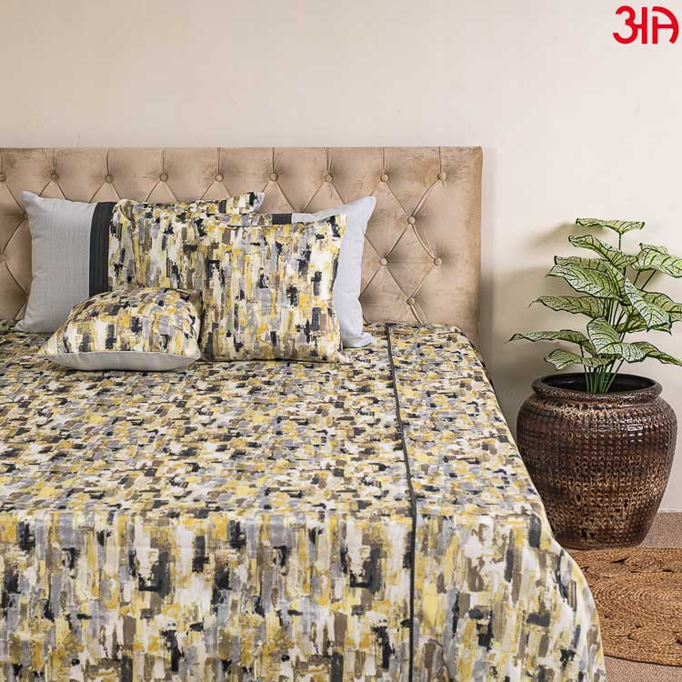 yellow printed cotton bed cover