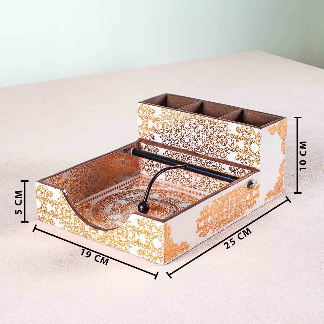 Premium Abstract White Gold Mdf Square Tissue+Cutlery Holder Design Six