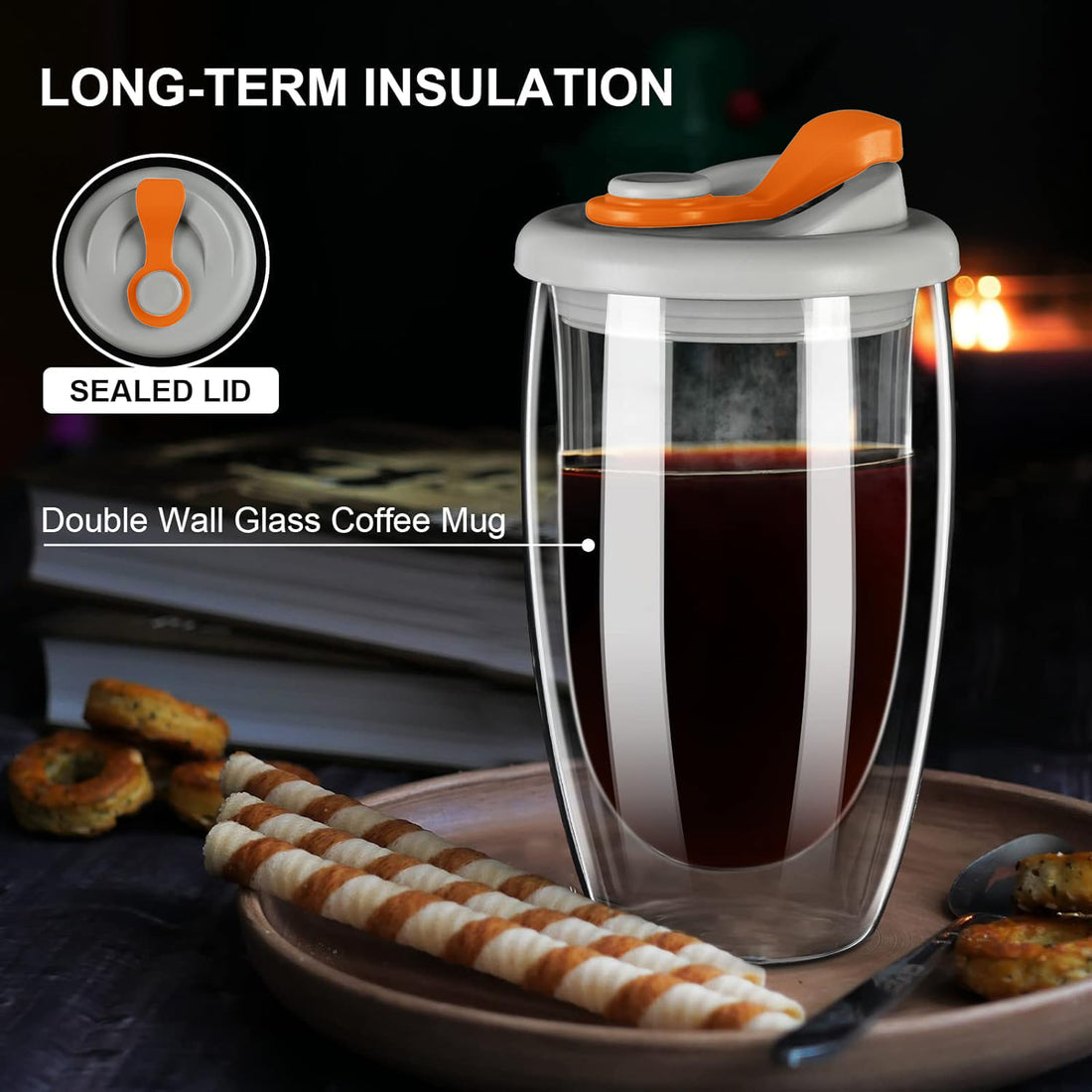 Double Wall Glass Coffee Mug with Sealed Lid - Orange