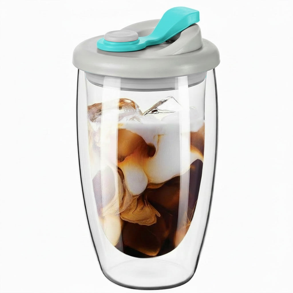 Double Wall Glass Coffee Mug with Sealed Lid - Aqua