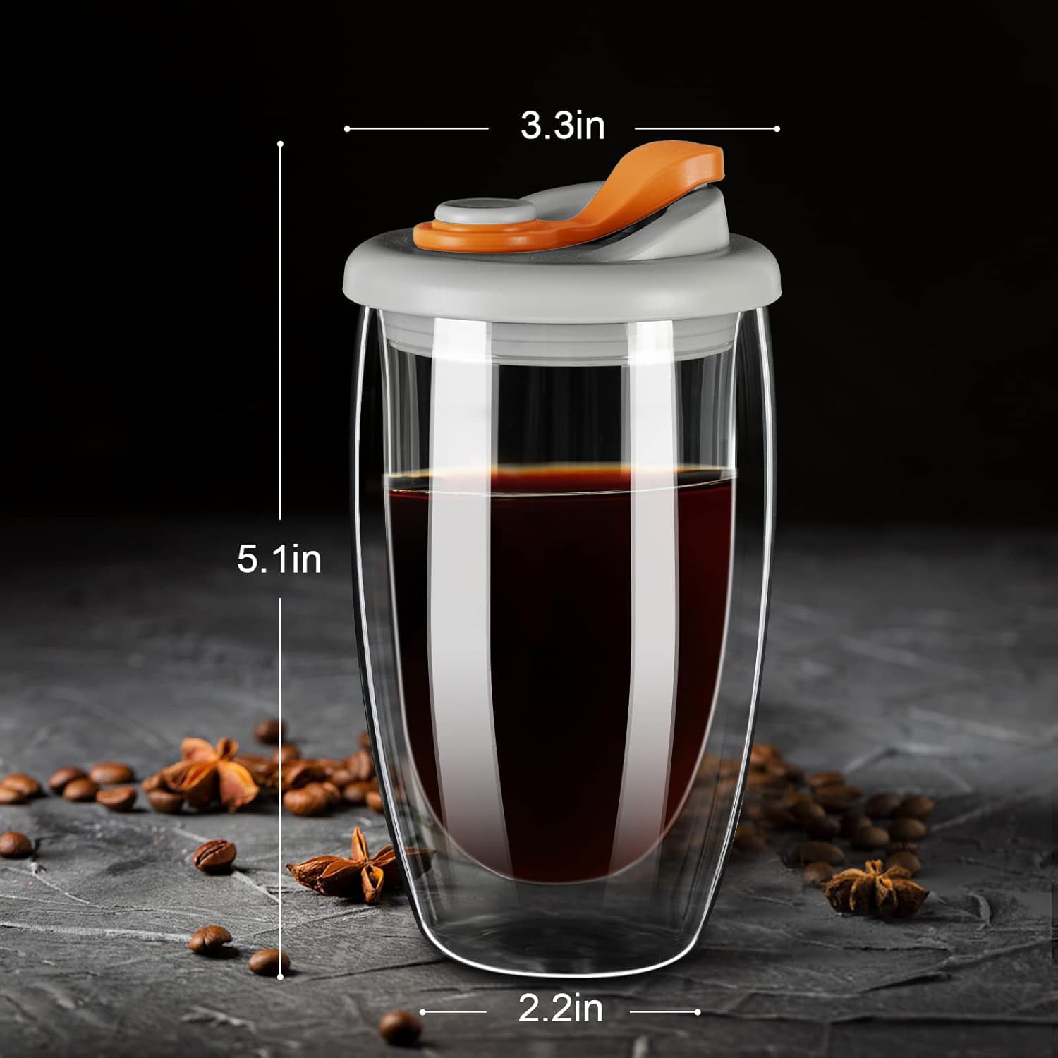 Double Wall Glass Coffee Mug with Sealed Lid - Orange