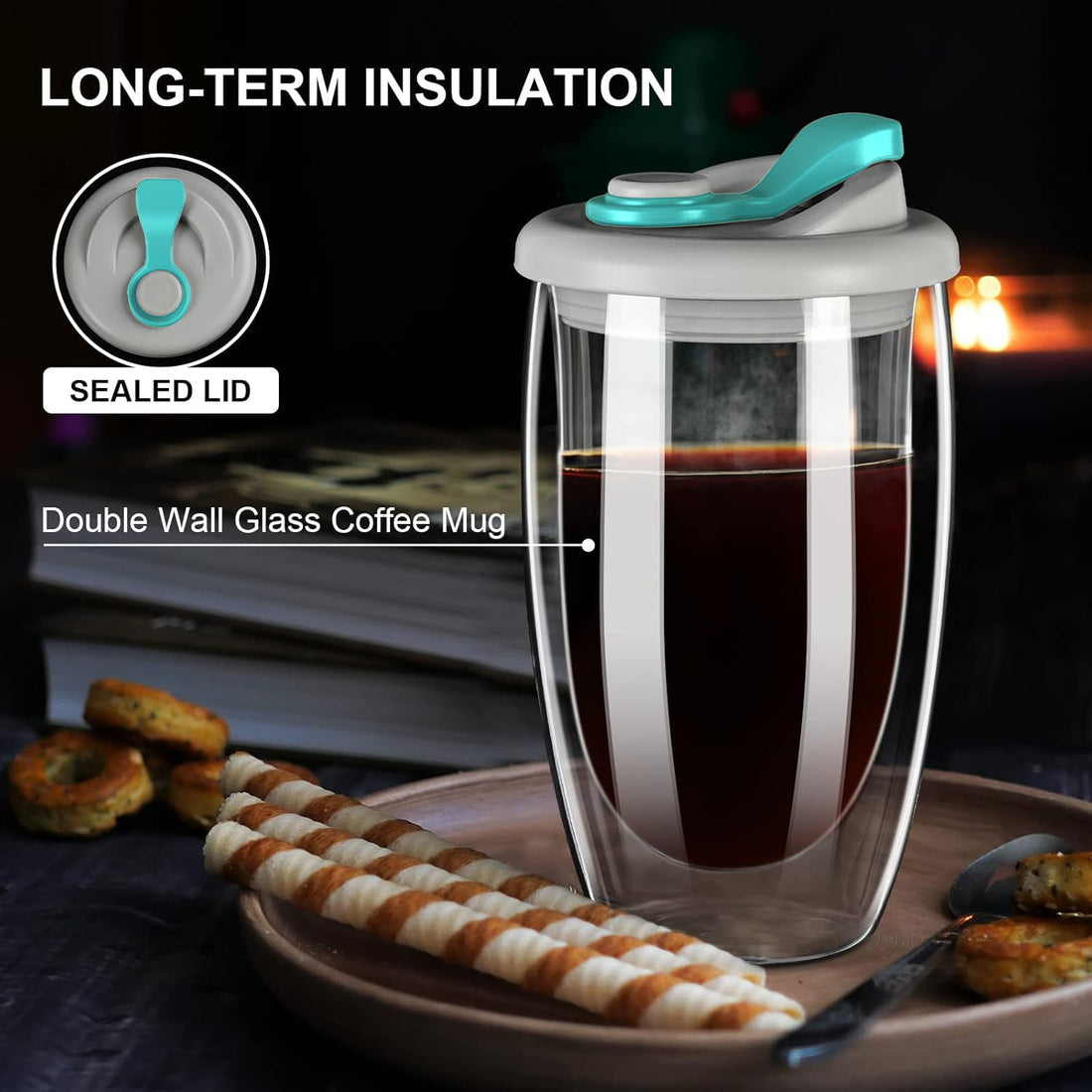 Double Wall Glass Coffee Mug with Sealed Lid - Aqua